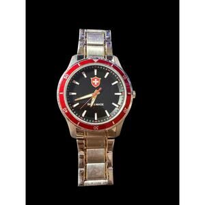 Swiss Military Style Men's Wristwatch Red Bezel Black Dial Stainless Steel Band